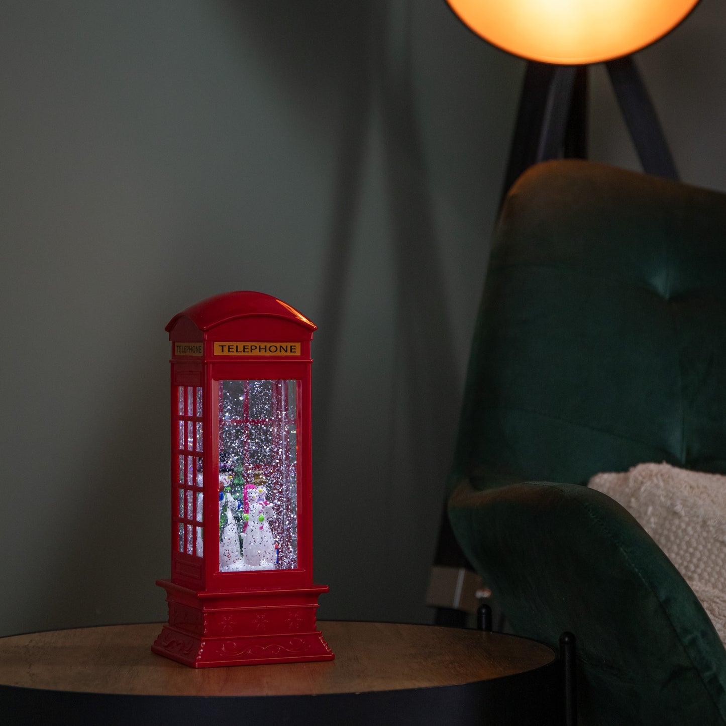 26cm Dual Powered Light up Red Telephone Box Christmas Water Spinner with Snowman Scene