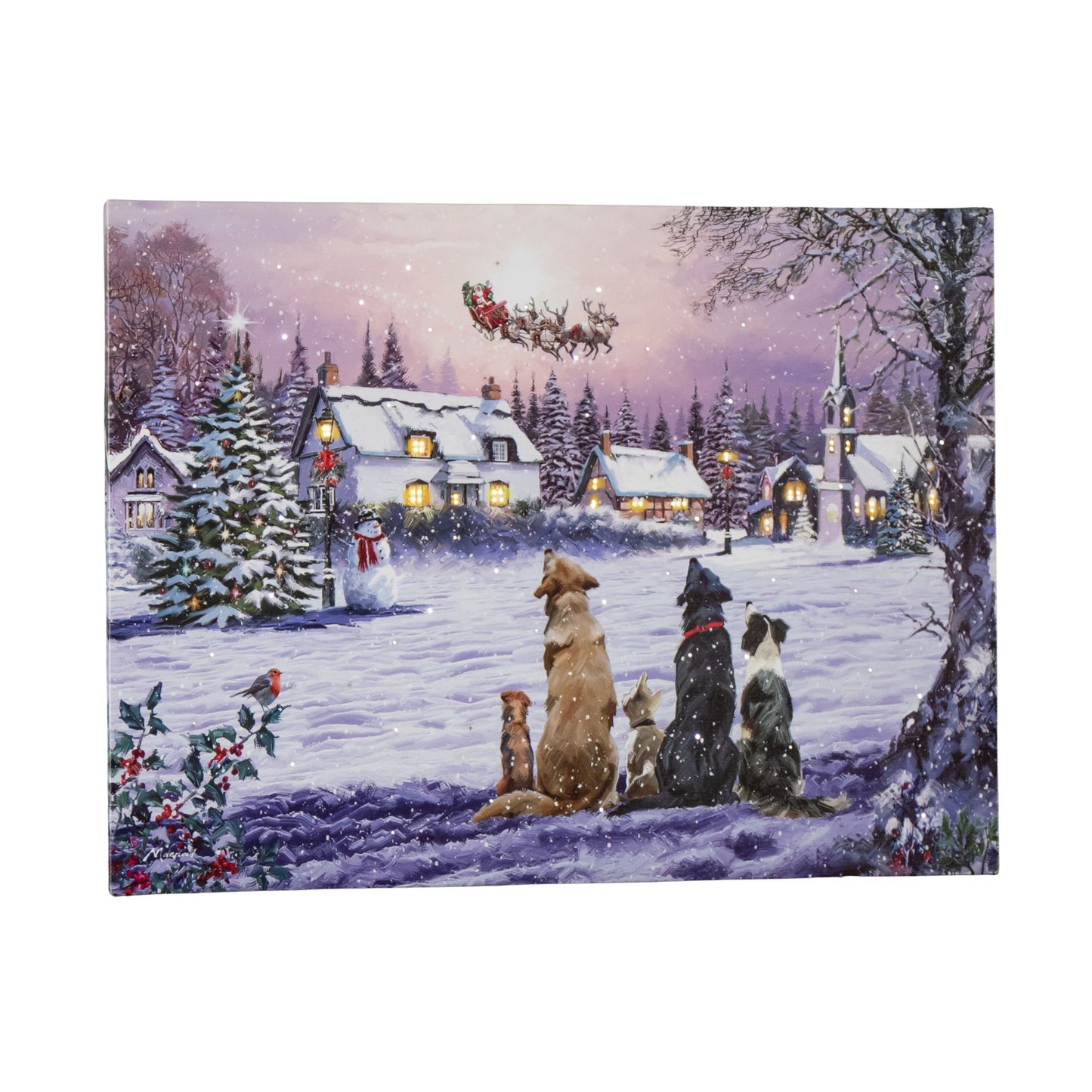 40 x 30cm Battery Operated Light up Fibre Optic Dogs Watching Santa Christmas Wall Canvas