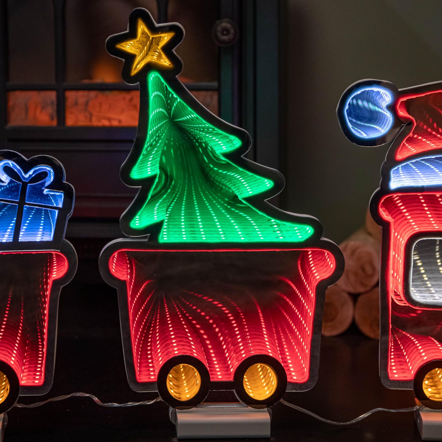 Factory Seconds: 70cm Infinity Christmas Train with 2 Carriages on Wood Base and Multi-Coloured LEDs