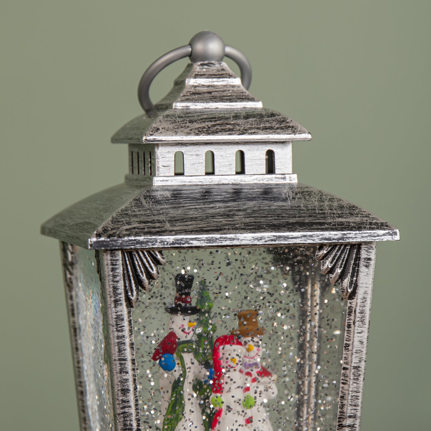 24cm Antique Trapezoid Lantern Glitter Water Spinner with Snowman Christmas Decoration