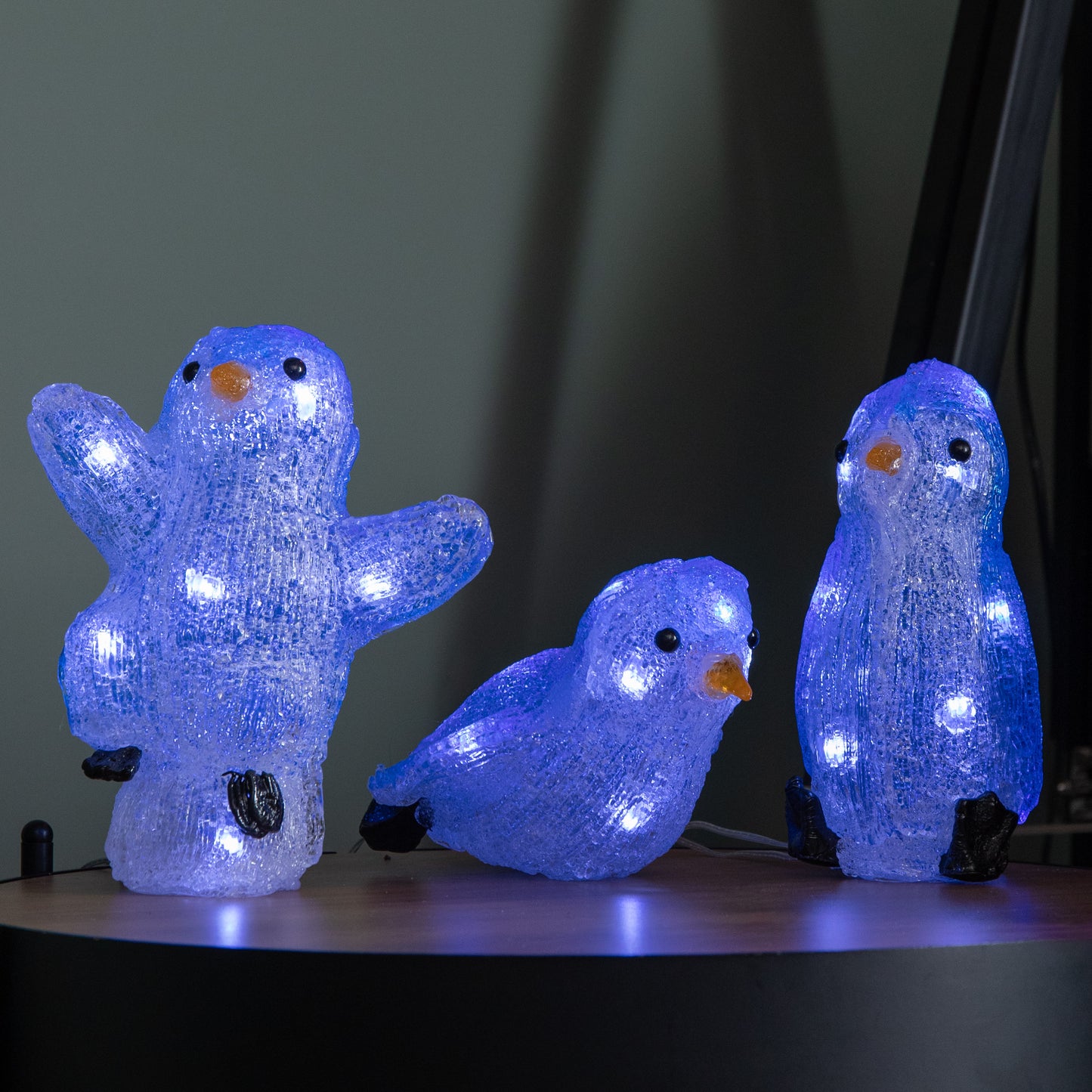 23cm Set of 3 Light up Acrylic Christmas Penguins with 30 Ice White LEDs