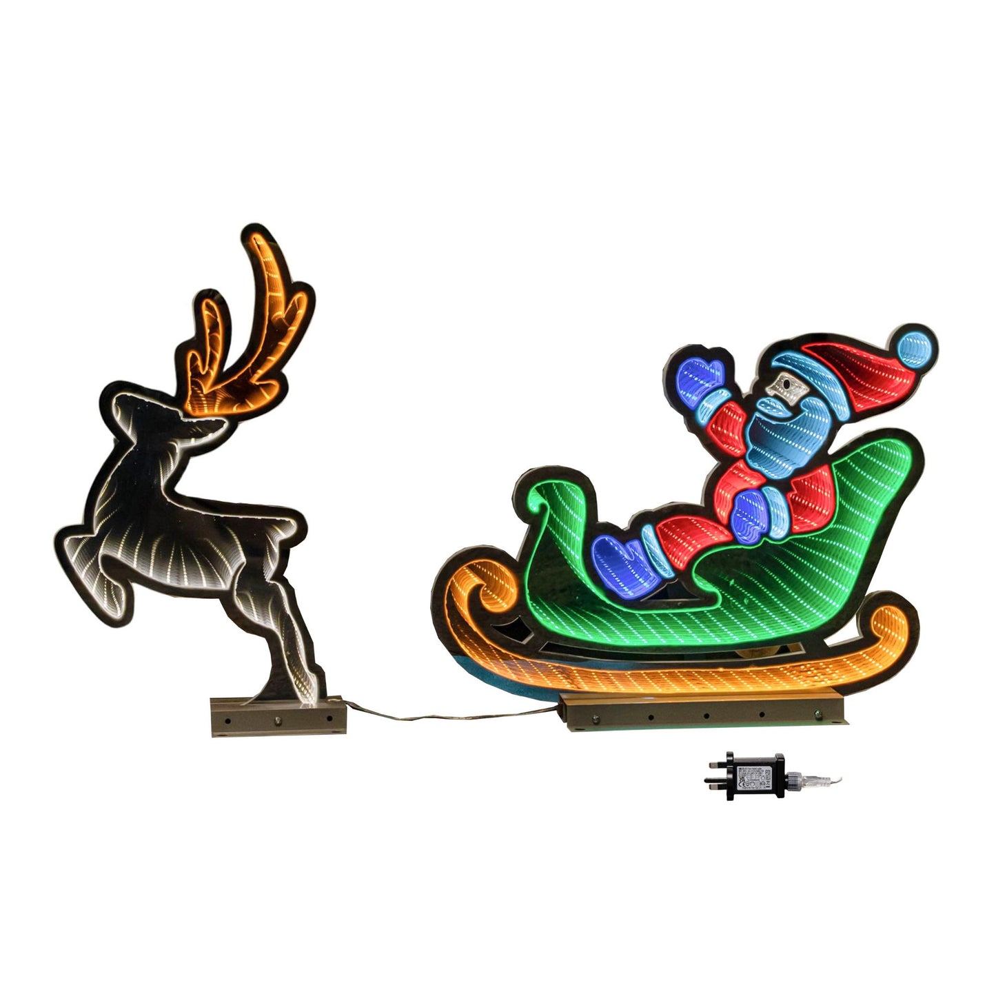 75cm Infinity Santa in Sleigh with Reindeer on Metal Base and Multi-Coloured LEDs