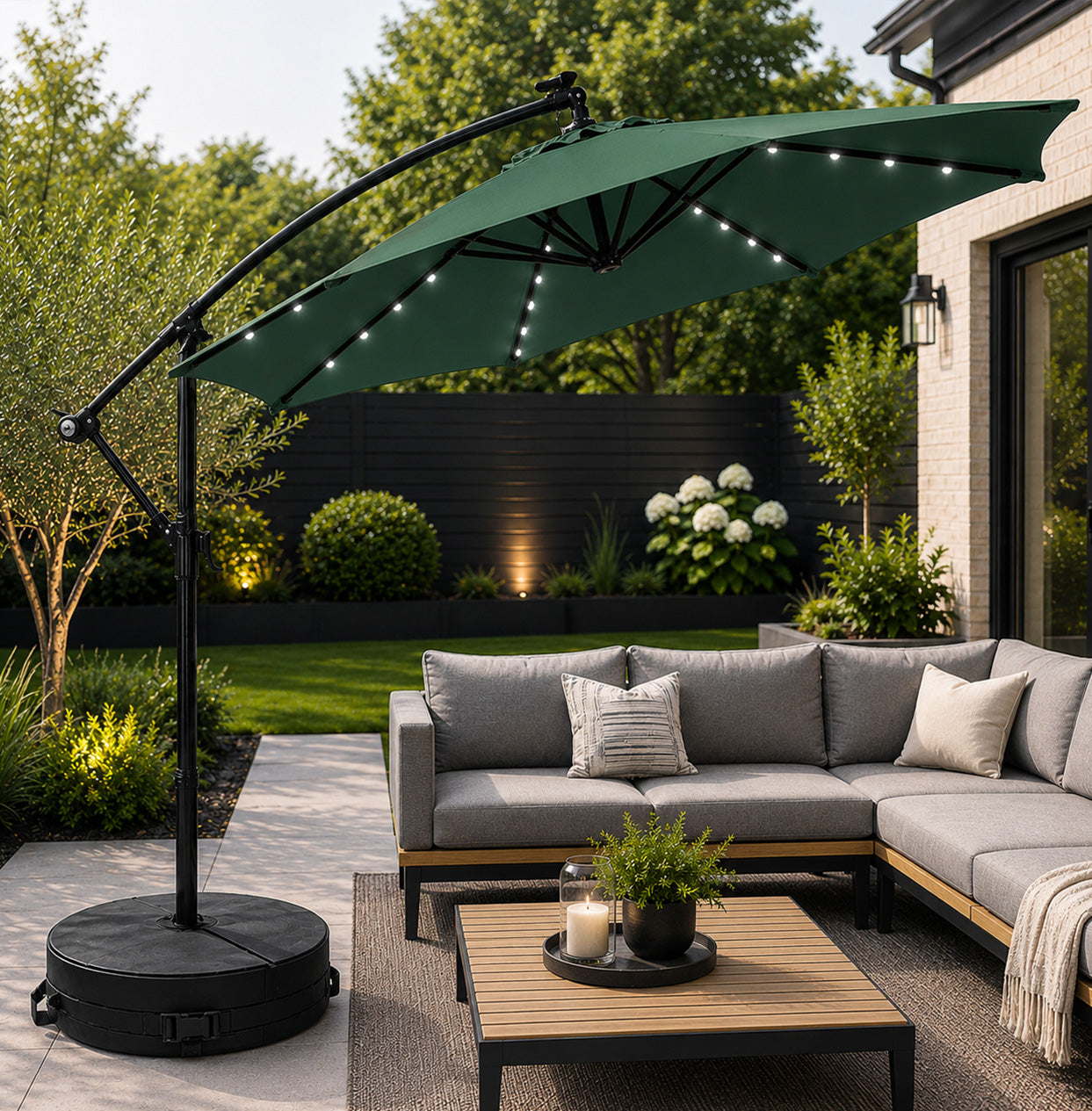 3m Solar Powered Cantilever Lit Banana Garden Parasol with Crank Handle & White LED Lights in Green with Base Bag Included
