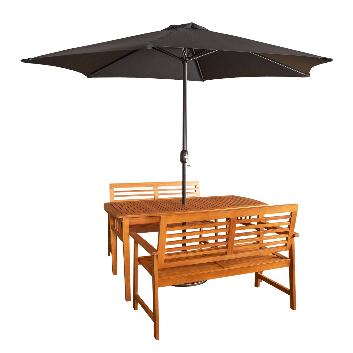 Outdoor 4 Person Rectangular Wooden Garden Table, 2 Benches with Black Havana Parasol & Base