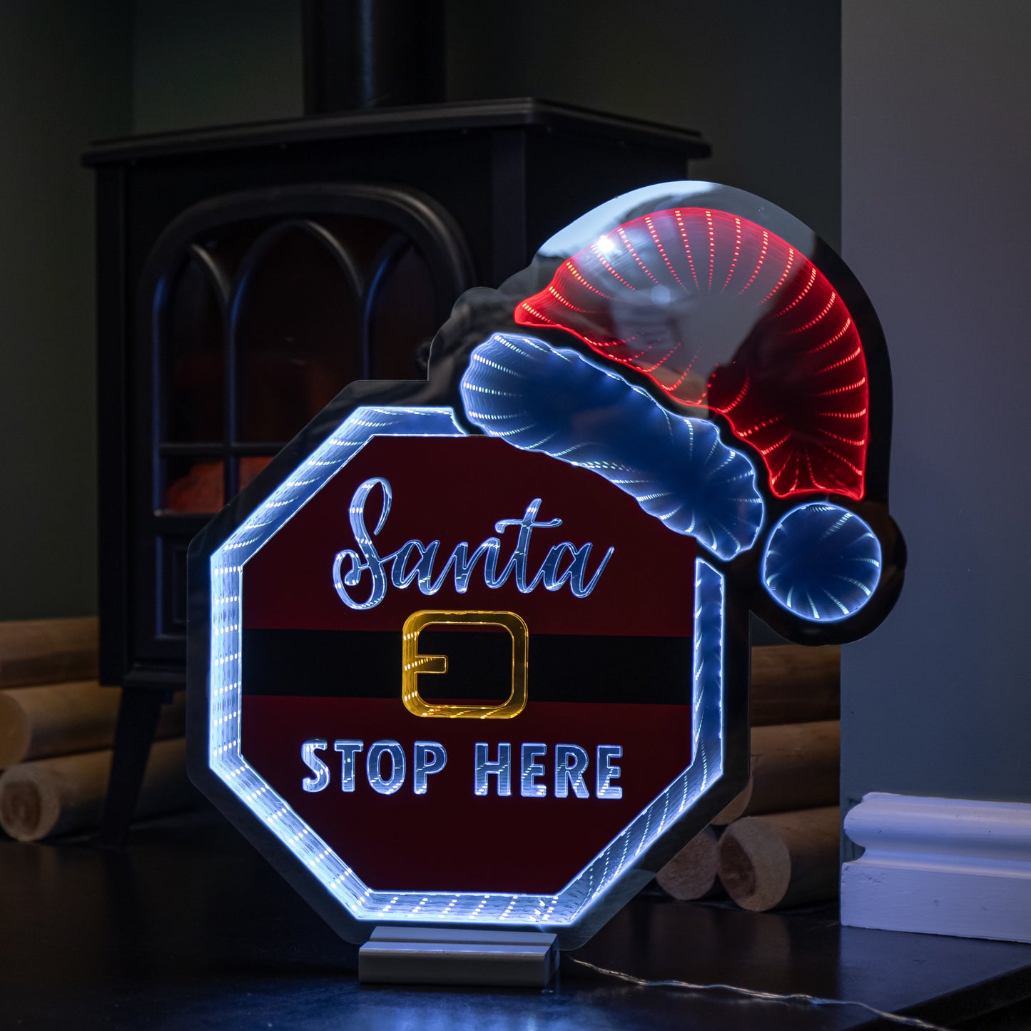 40cm Light up Christmas Santa Stop Here Sign with Hat Infinity Decoration & LEDs