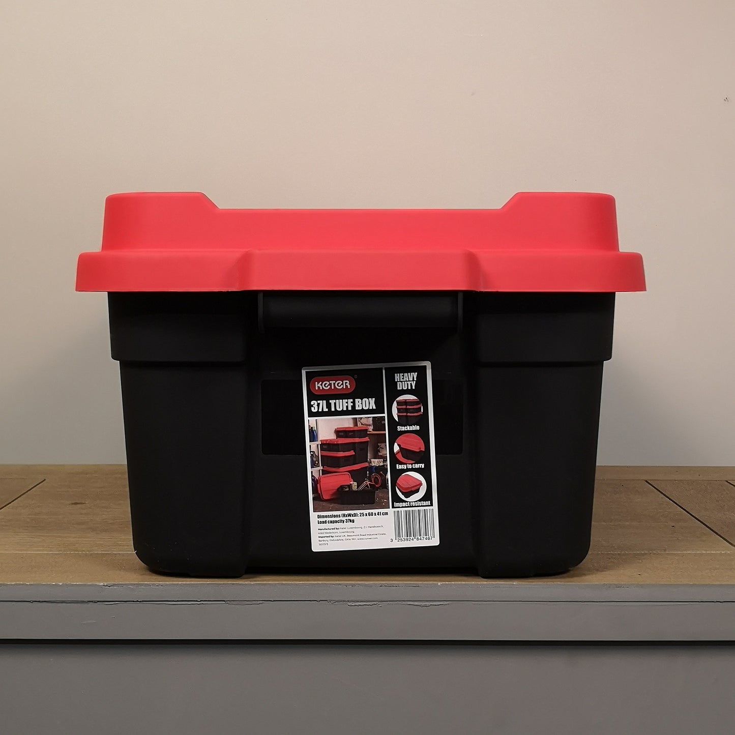 37L Black and Red Tuff Stackable Storage Box with Lid and Carry Handles