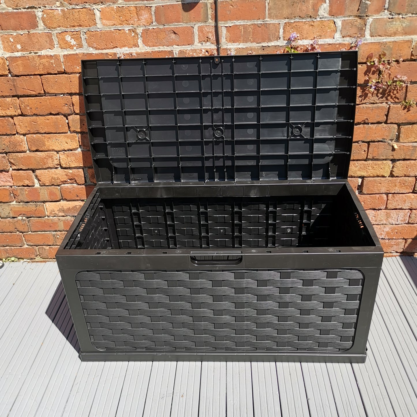 Factory Seconds: 335 Litre Rattan Style Garden Cushion Storage Box with Sit on Lid – Black