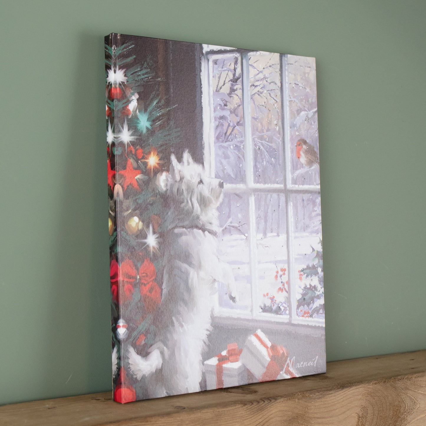 40cm x 30cm Battery Operated Light up Fibre Optic Christmas Dog & Robin Wall Art