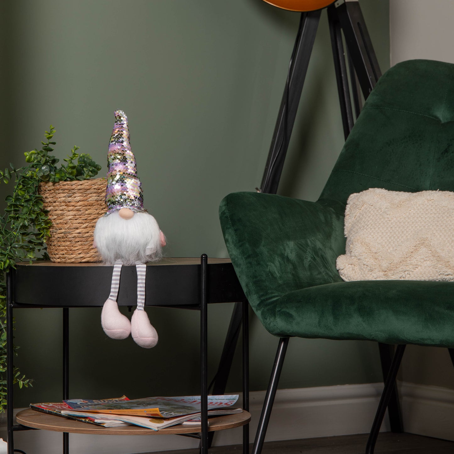 49cm Festive Christmas Sitting Gonk with Dangly Legs & Sequin Hat in Pink & Grey