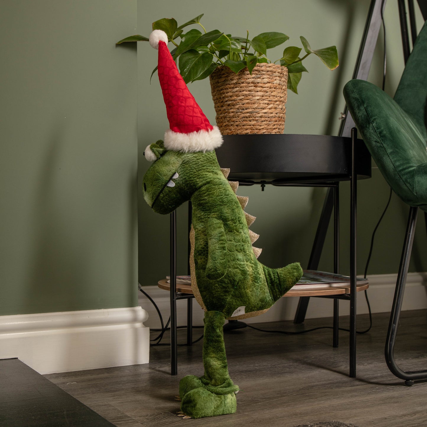 60cm Green Standing Christmas Dinosaur with Santa Hat
