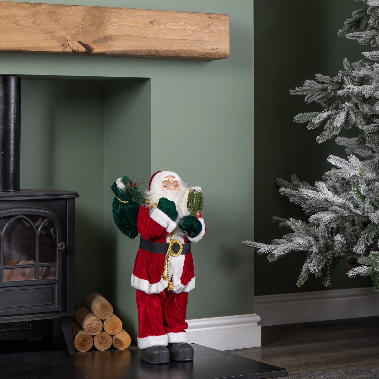 61cm Tall Standing Santa Claus Christmas Decoration with Green Sack