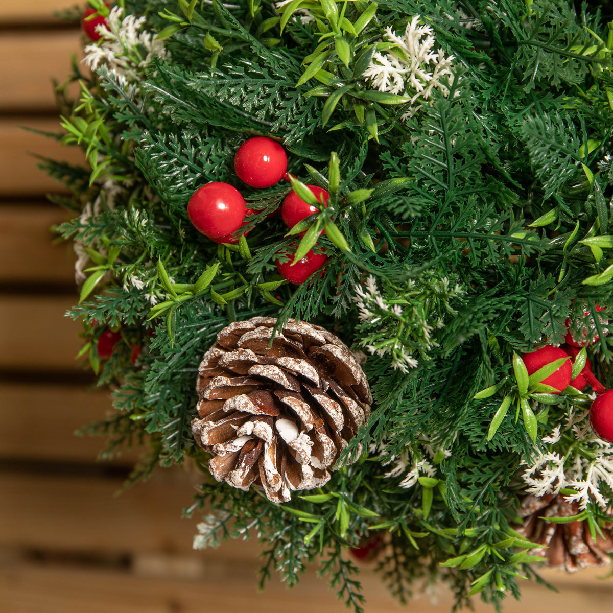 30cm Plastic Christmas Ball with Red Berries, Pinecones & Metal Hanging Hook