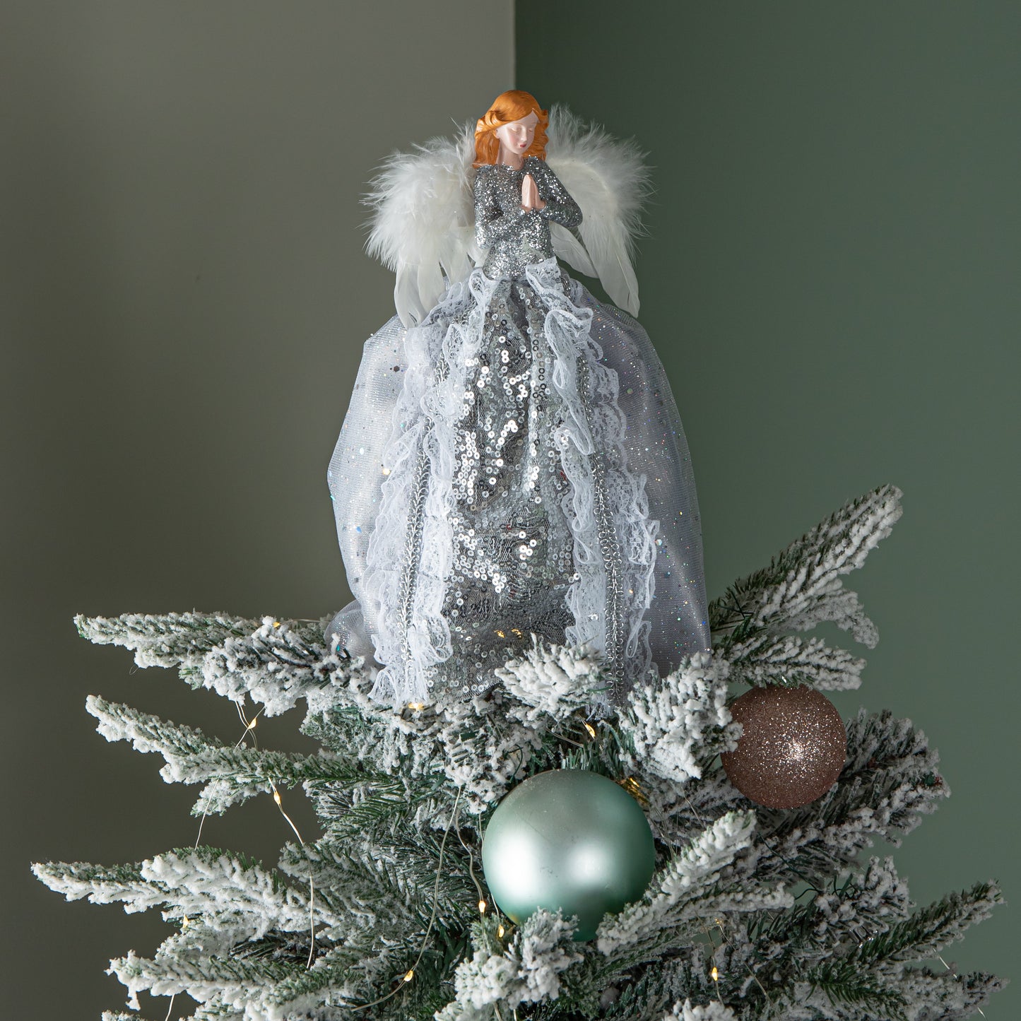 28cm Christmas Angel Tree Topper Decoration with Feather Wings in Silver