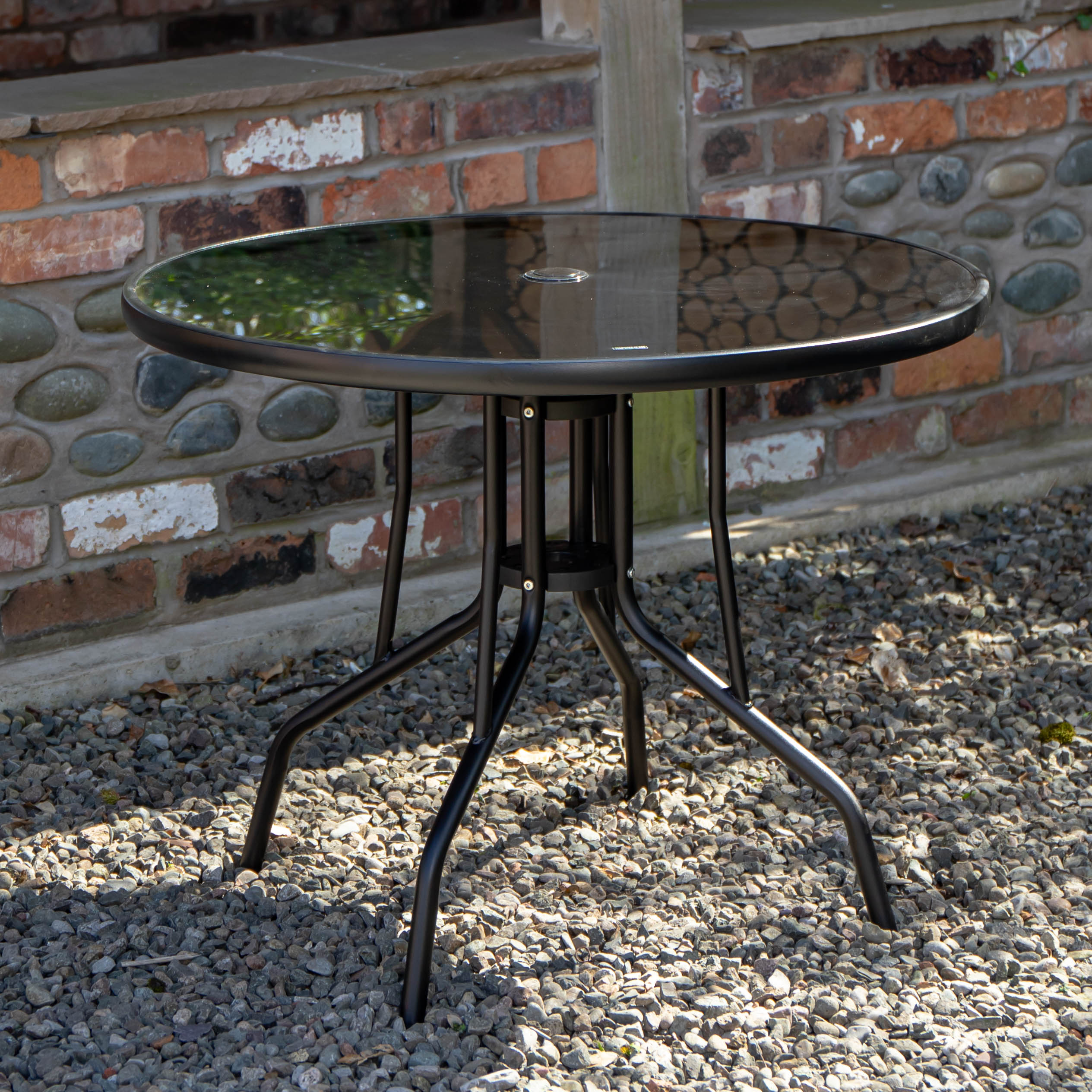 4 Person Round Black Garden Table with Glass Top & Parasol Hole– Cheaper Online