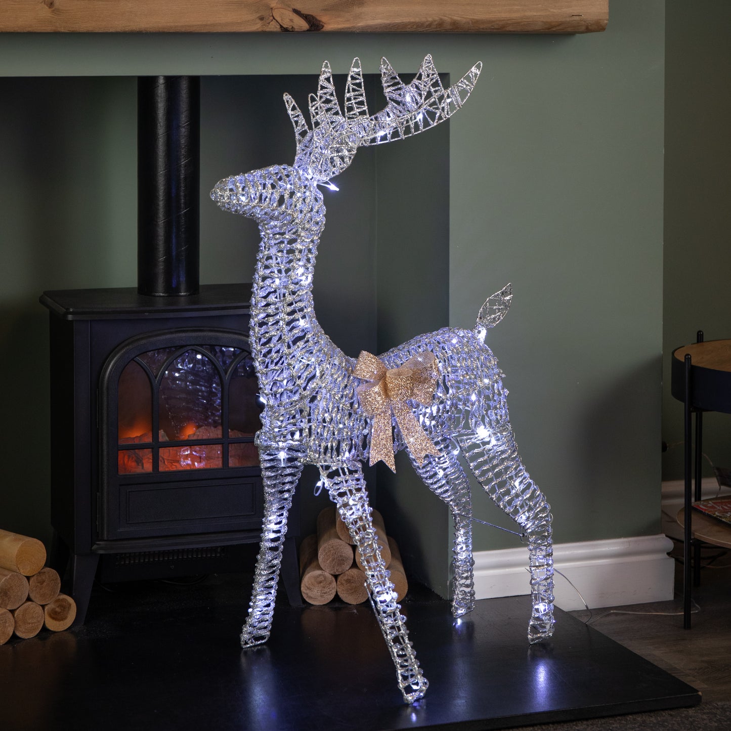 80cm Light up Silver Glitter Twist Christmas Reindeer with Cool White LEDs
