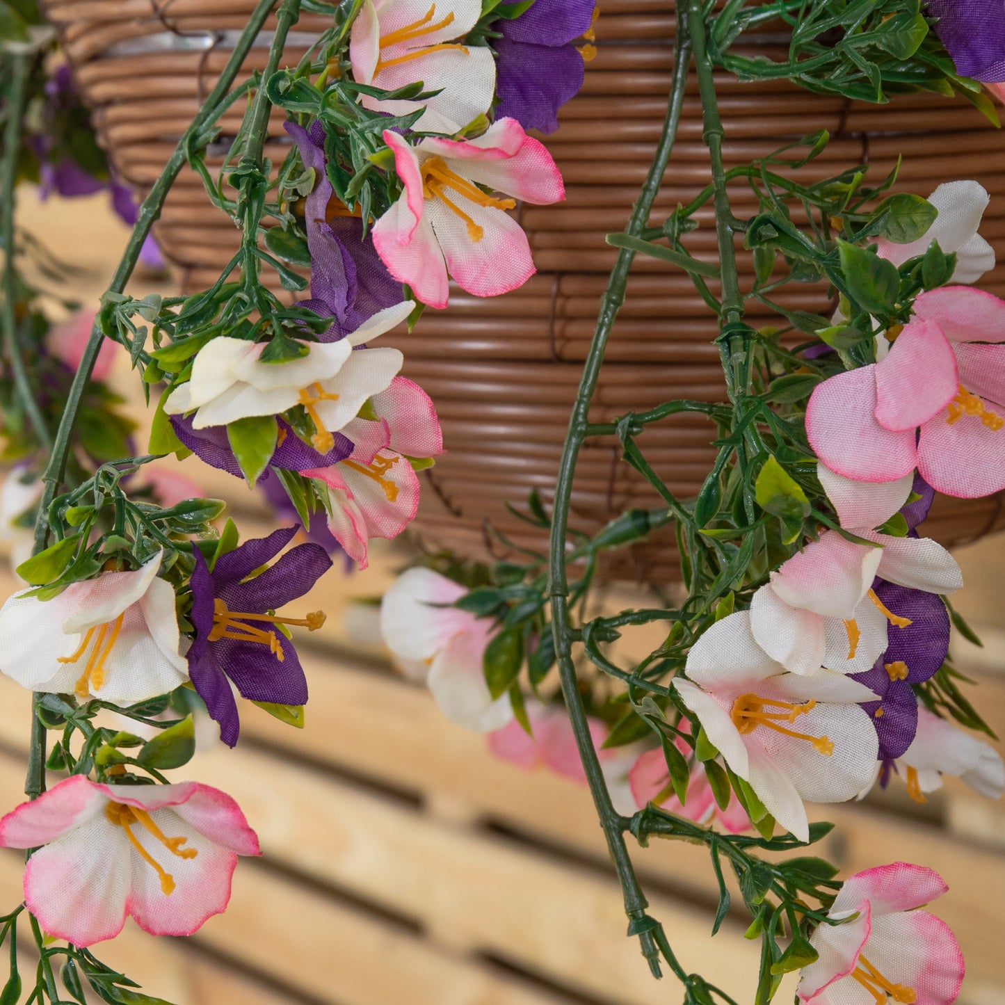 Large Outdoor Artificial Hanging Flower Basket with Petunias and Removable Chain
