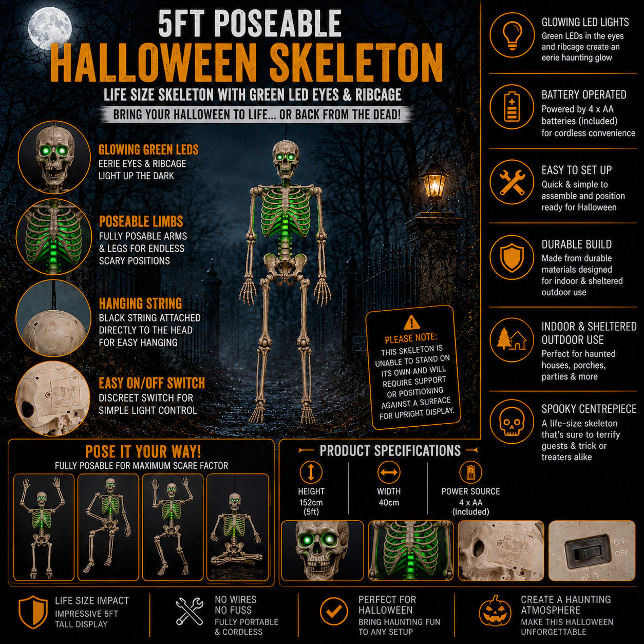 5ft (152cm) Battery Powered Light up Halloween Skeleton with Poseable Joints & Green LEDs