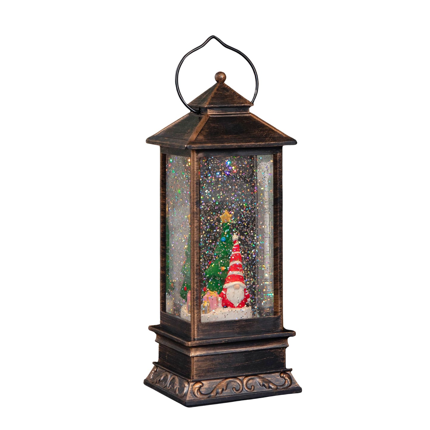 28cm Battery Powered Light up Antique Lantern Christmas Water Spinner with Snowy Gonk Scene