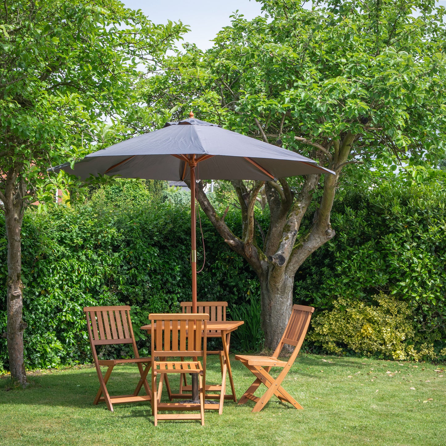 Outdoor 4 Person Folding Square Wooden Garden Dining Table Chairs Grey Parasol and Base Set