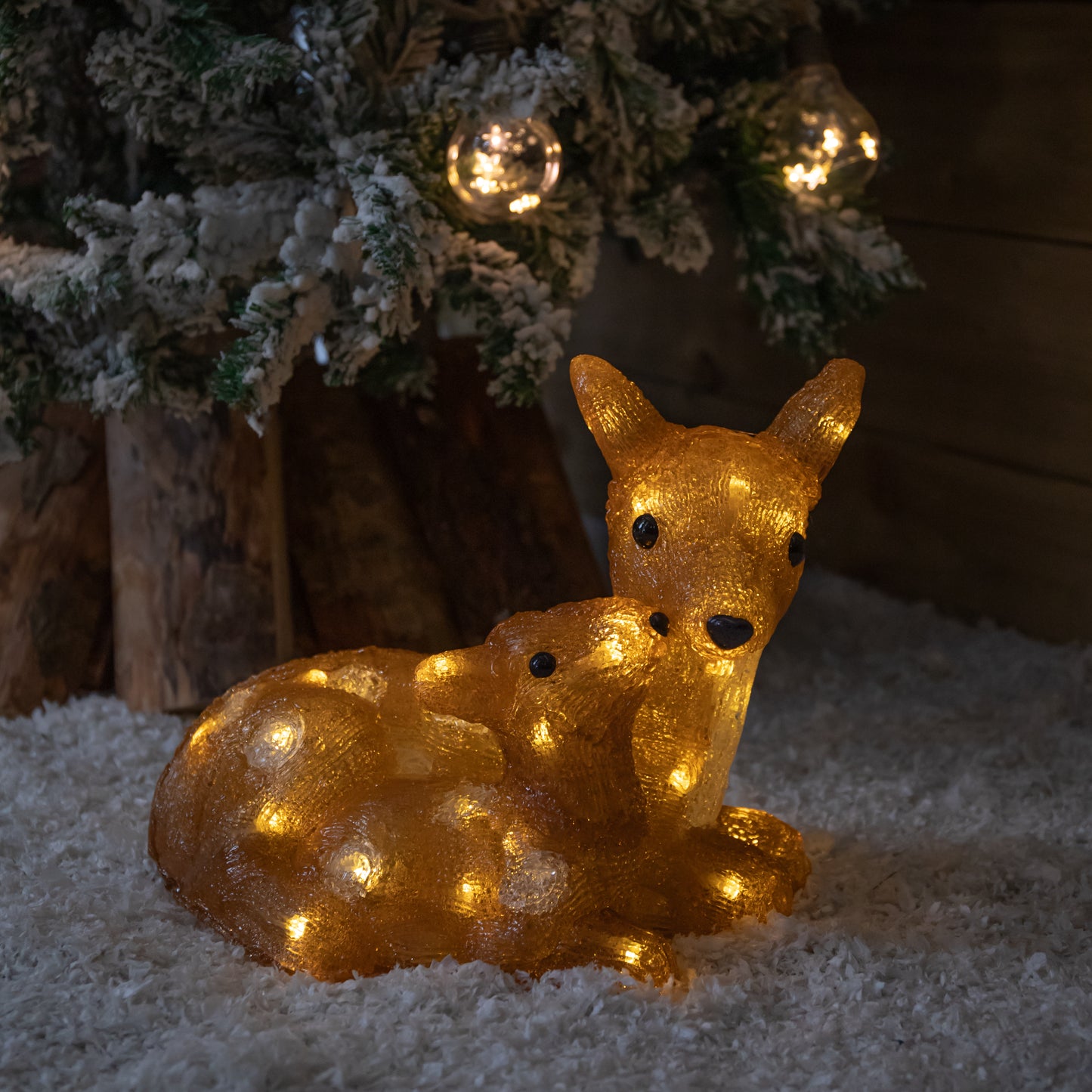 27cm Battery Powered Light up Ice Frosted Christmas Doe & Fawn with Warm White LEDs