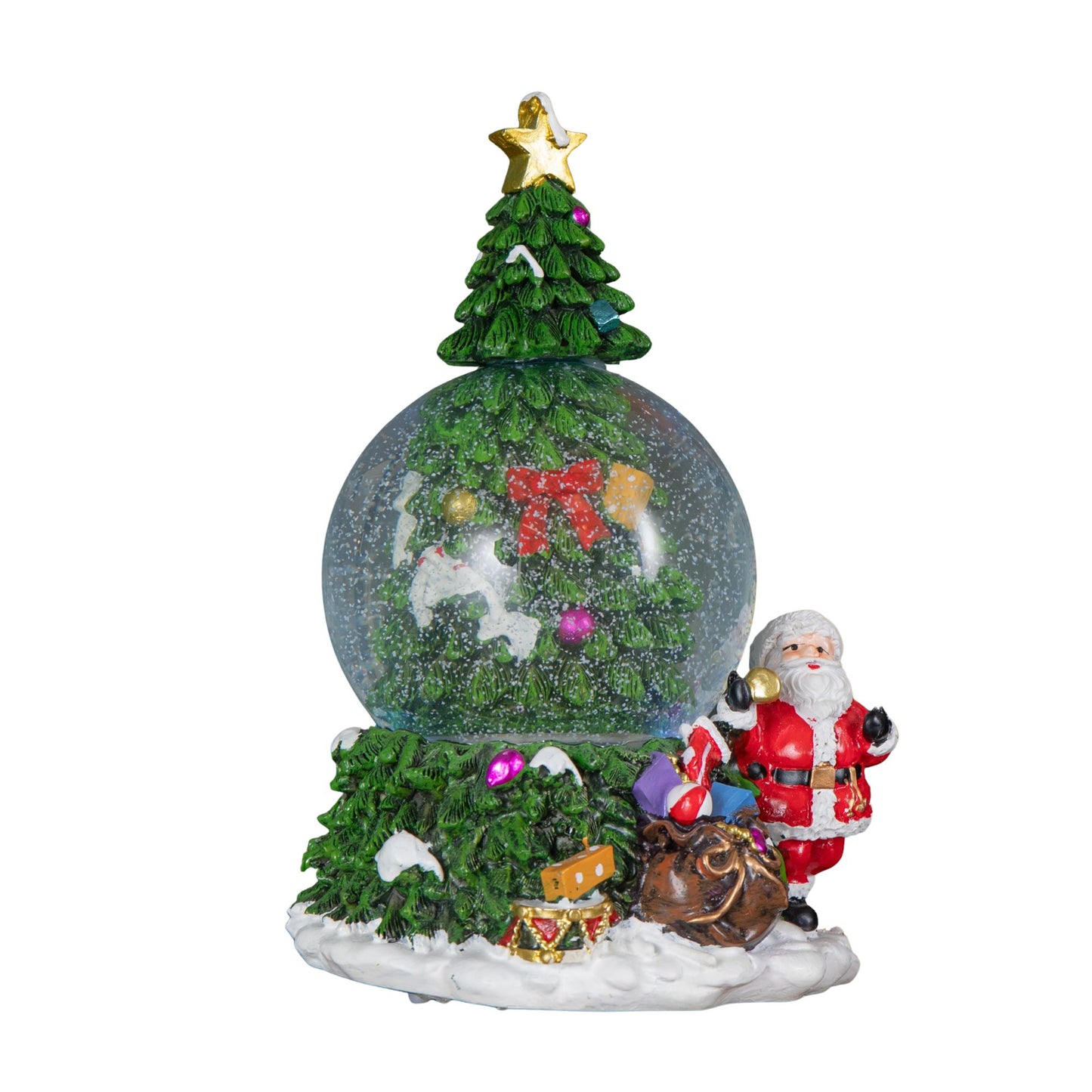 10cm Battery Powered Musical Tree Santa Spin Snowsphere with Colour Changing LEDs