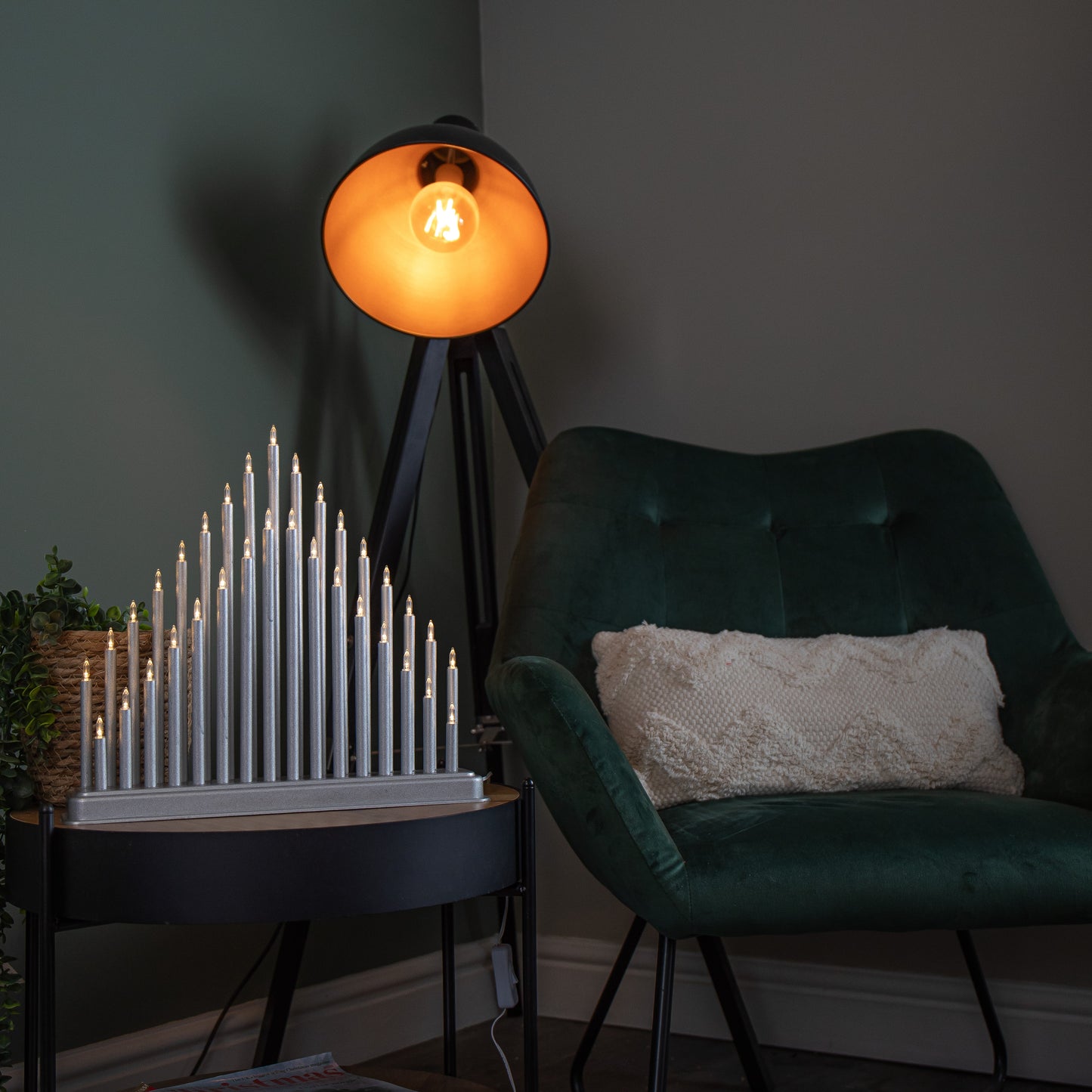 34cm Battery Operated Light up Christmas Candlebridge in Silver with Warm White LEDs