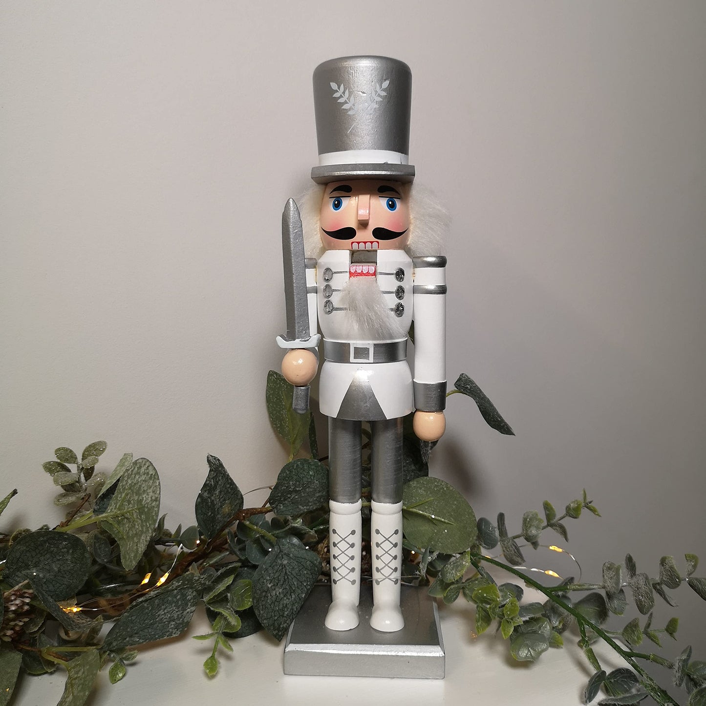 Factory Seconds: 30cm Wooden Christmas Nutcracker Soldier Decoration in White and silver