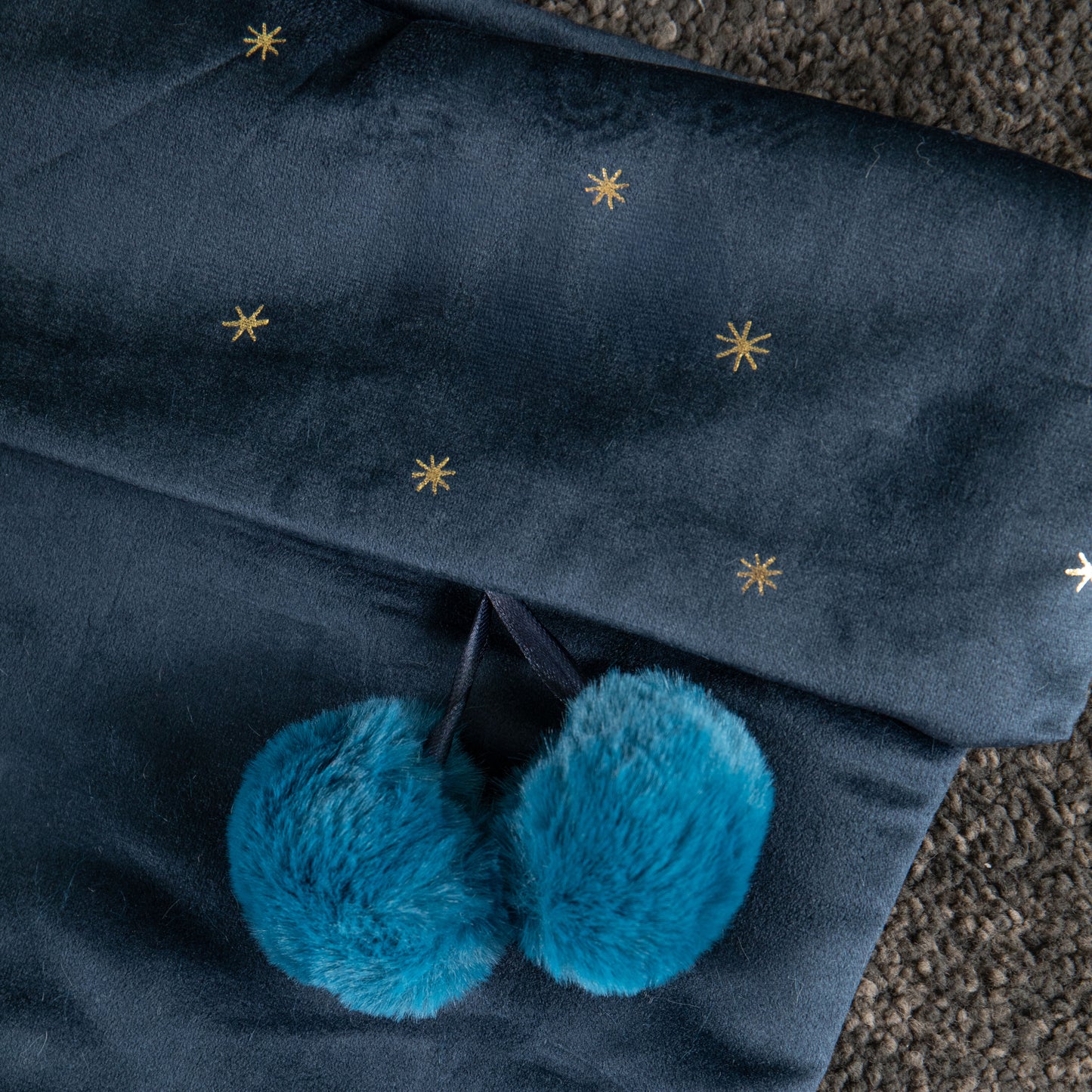 70cm Hanging Dark Blue Velour Star Print Christmas Stocking with Pom Poms