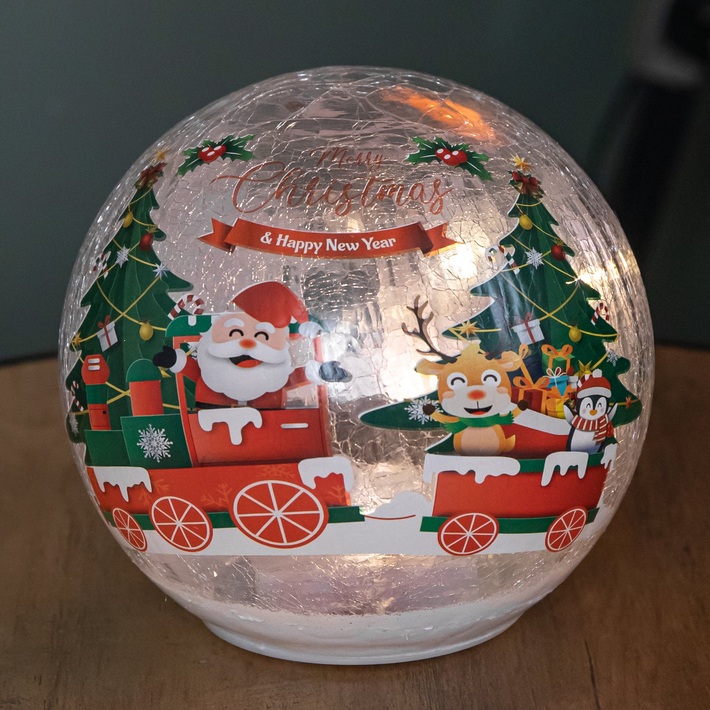 15cm Battery Operated Light up Santa and Friends Christmas Crackle Ball with LEDs
