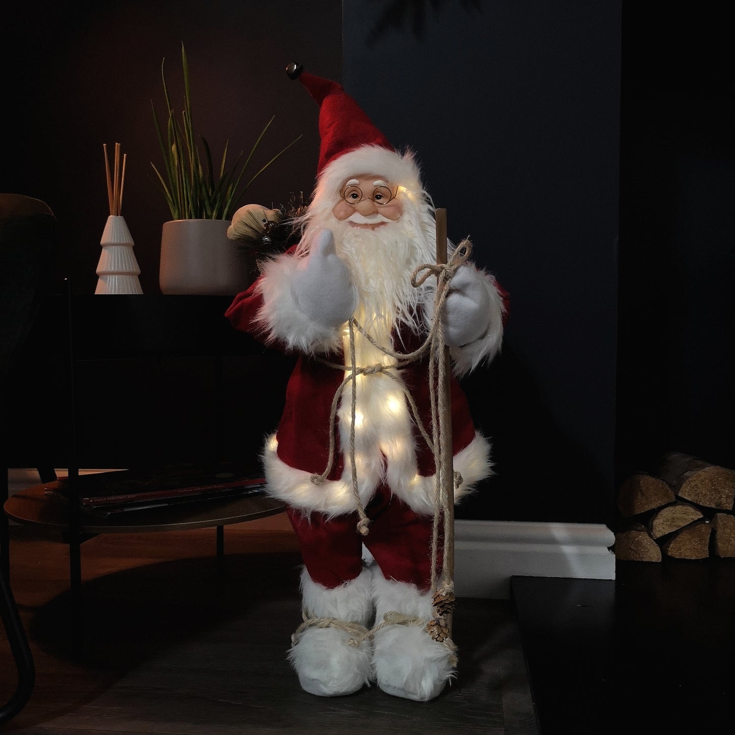 60cm Battery Operated Red Standing Light up Santa Claus with Brown Woven Sack