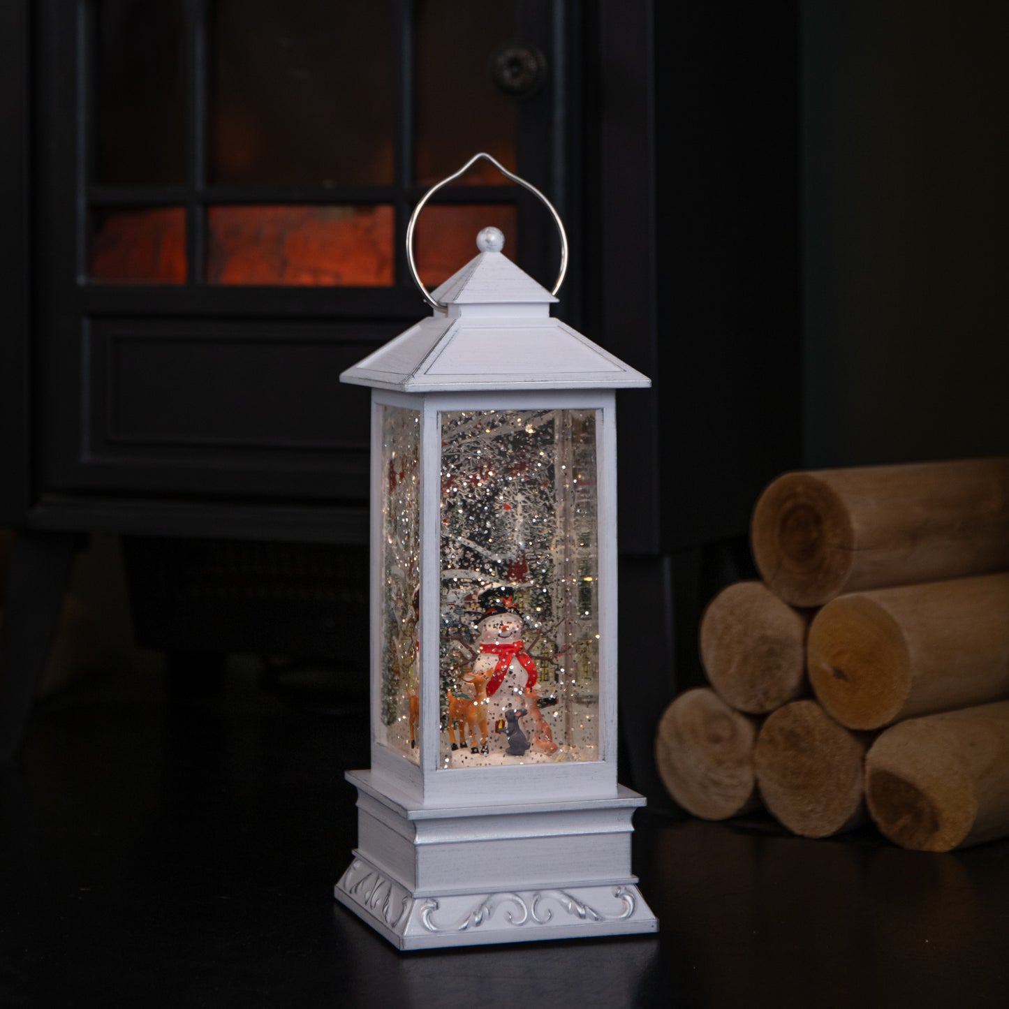 31cm Snowtime Christmas Water Spinner Antique Effect Lantern Snowman & Animals Scene Dual Powered