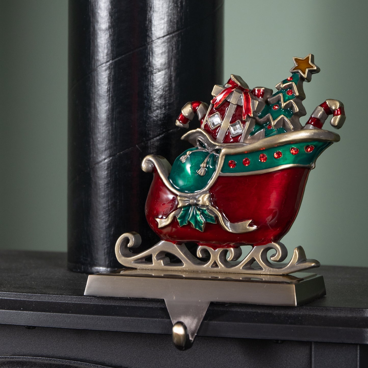 16cm Red and Green Santa Sleigh Christmas Stocking Holder with Hook
