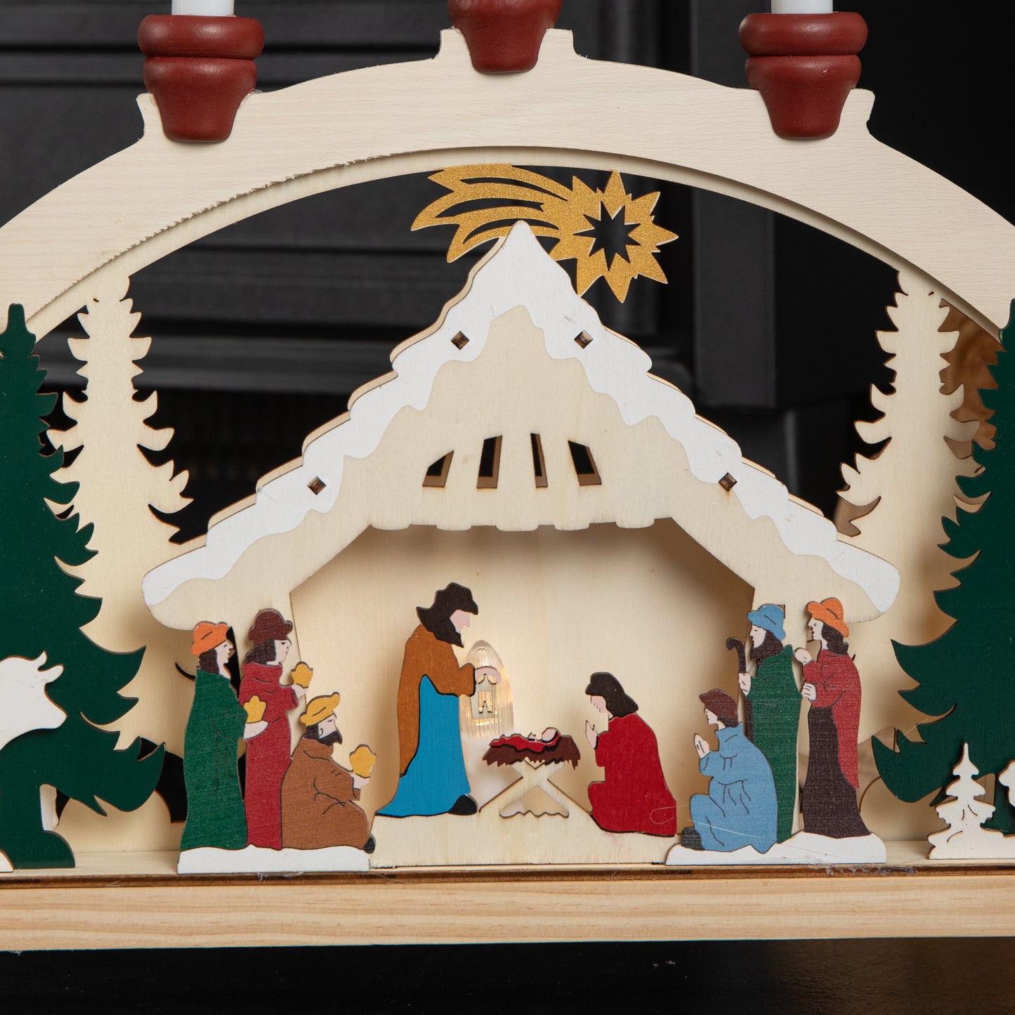 33cm Battery Operated Wooden Christmas Candle Bridge with Nativity Scene and LEDs