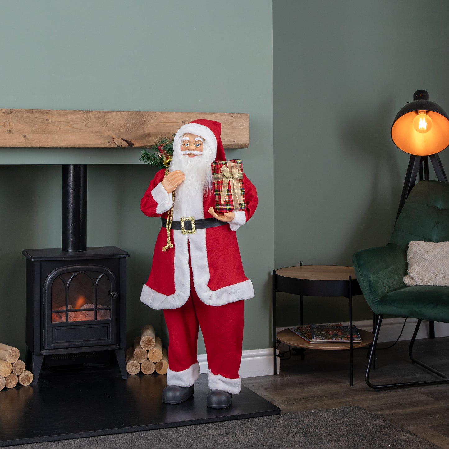 1.1m Red Standing Santa Claus Indoor Decoration with Present and Green Sack