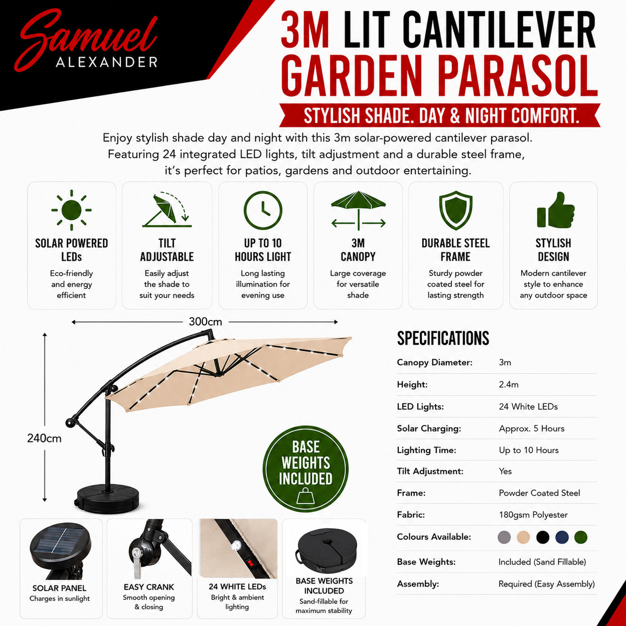 3m Solar Powered Cantilever Lit Banana Garden Parasol with Crank Handle & White LED Lights in Beige with Base Bag Included