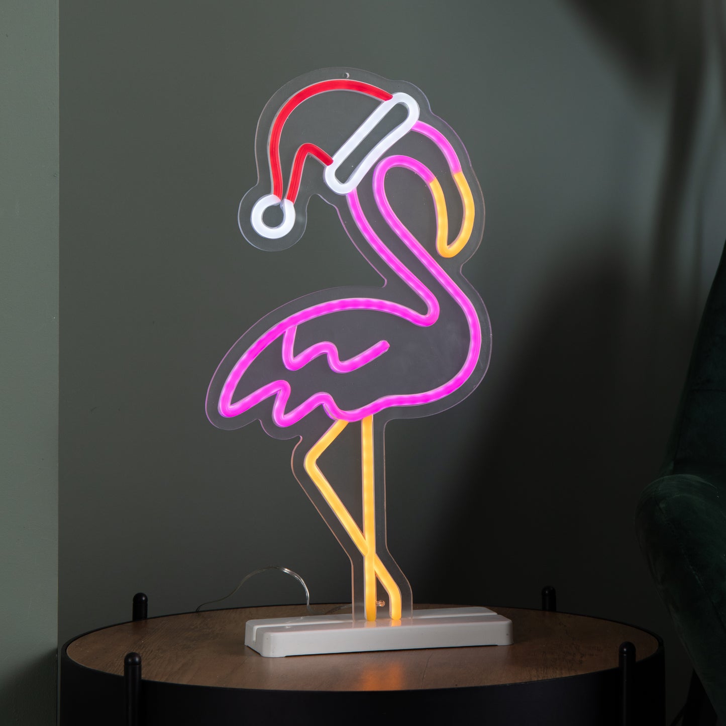 43cm Light up Neon Effect Flamingo with Santa Hat on Base with Multi-Coloured LEDs