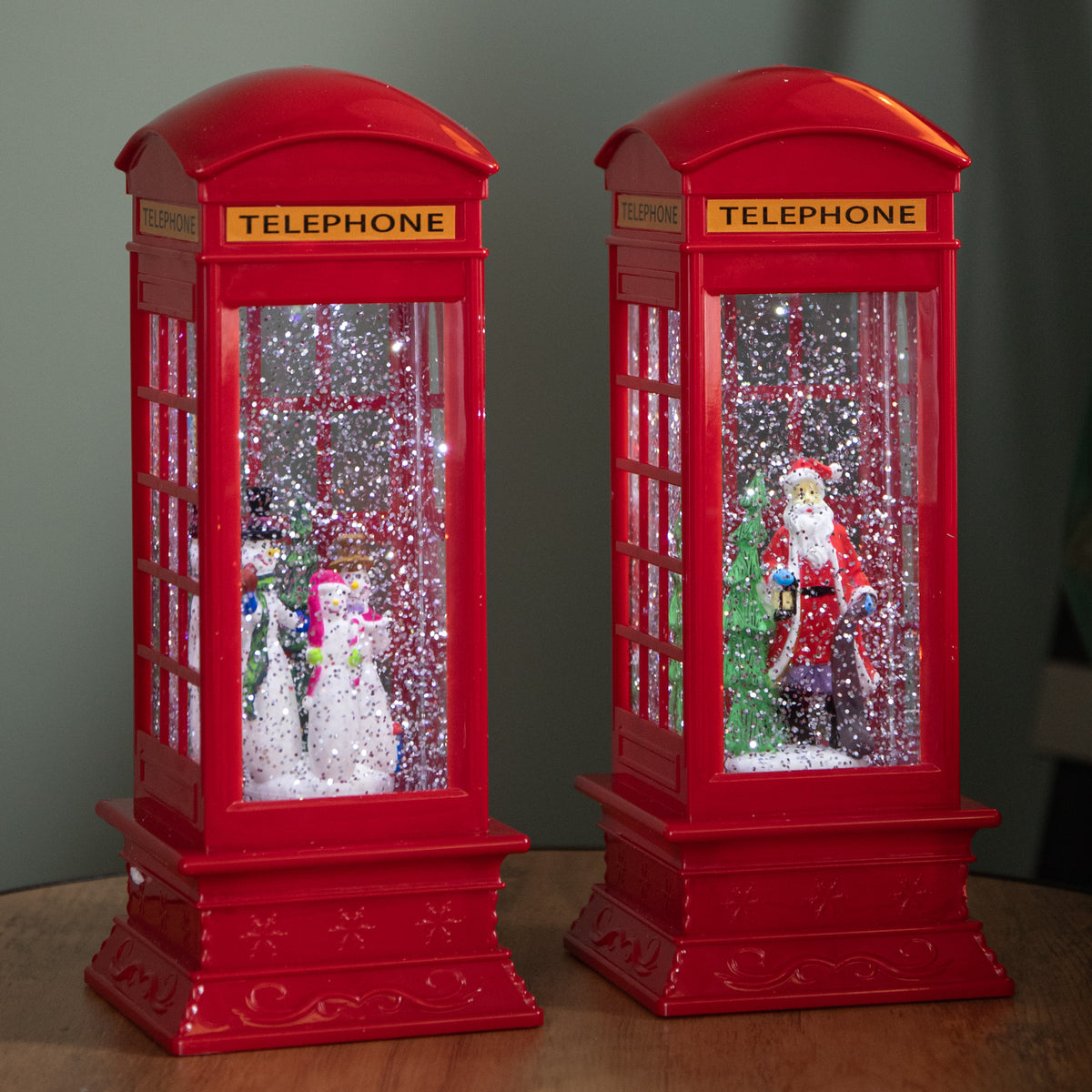 26.5cm Premier Christmas Water Spinner Telephone Box Design - Choose From Snowman Family Or Santa
