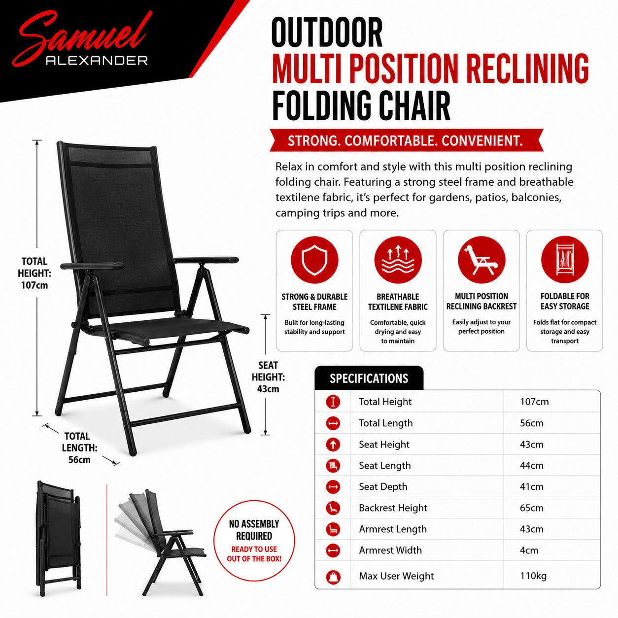 Outdoor Garden Patio Multi Position Reclining Folding Chair in Black