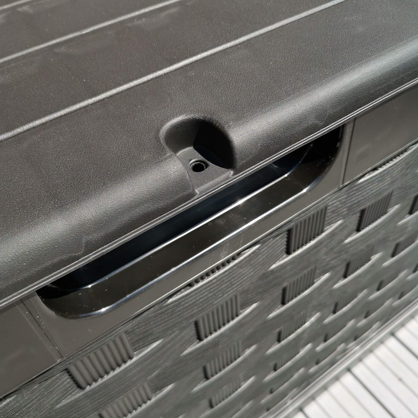 Factory Seconds: 335 Litre Rattan Style Garden Cushion Storage Box with Sit on Lid – Black