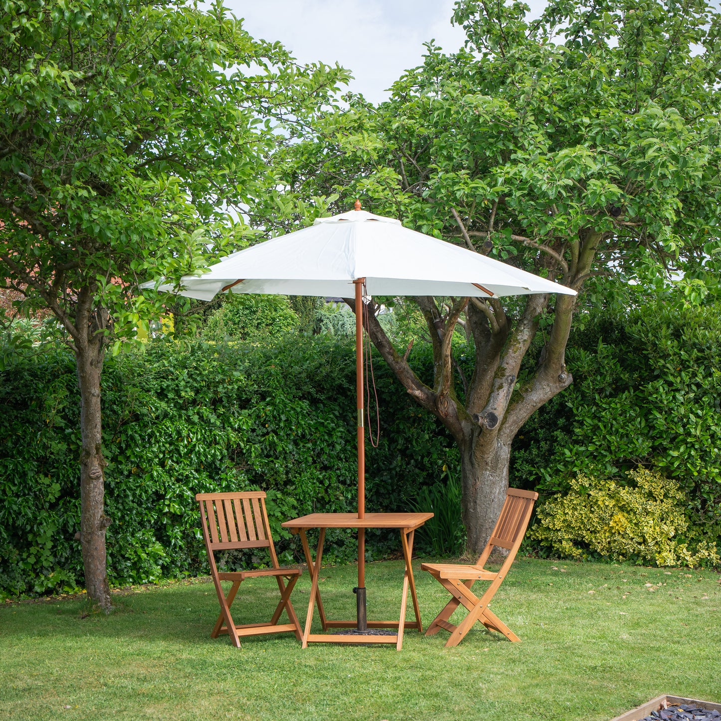Outdoor 2 Person Folding Wooden Garden Dining Table Chairs Cream Parasol and Base Set
