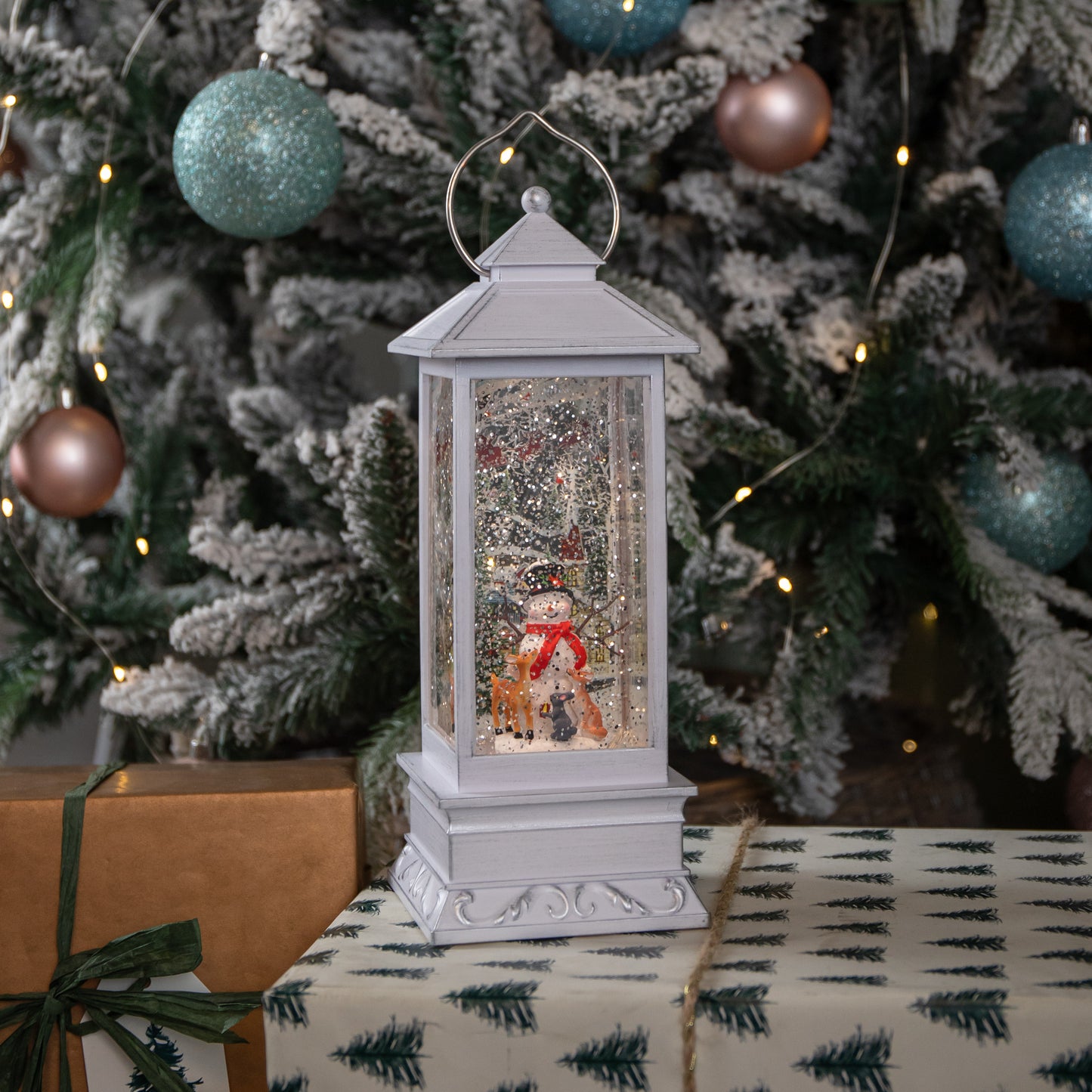 31cm Snowtime Christmas Water Spinner Antique Effect Lantern Snowman & Animals Scene Dual Powered