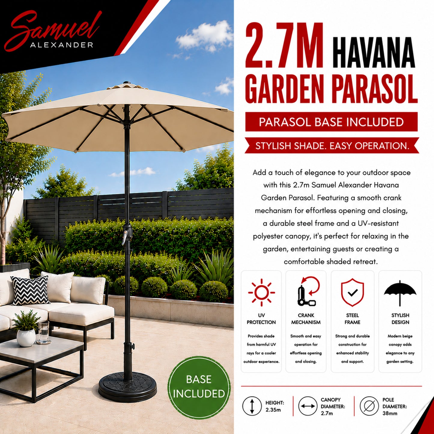 2.7m Havana Garden Patio Parasol with Crank Handle in Beige with 9kg Base Included