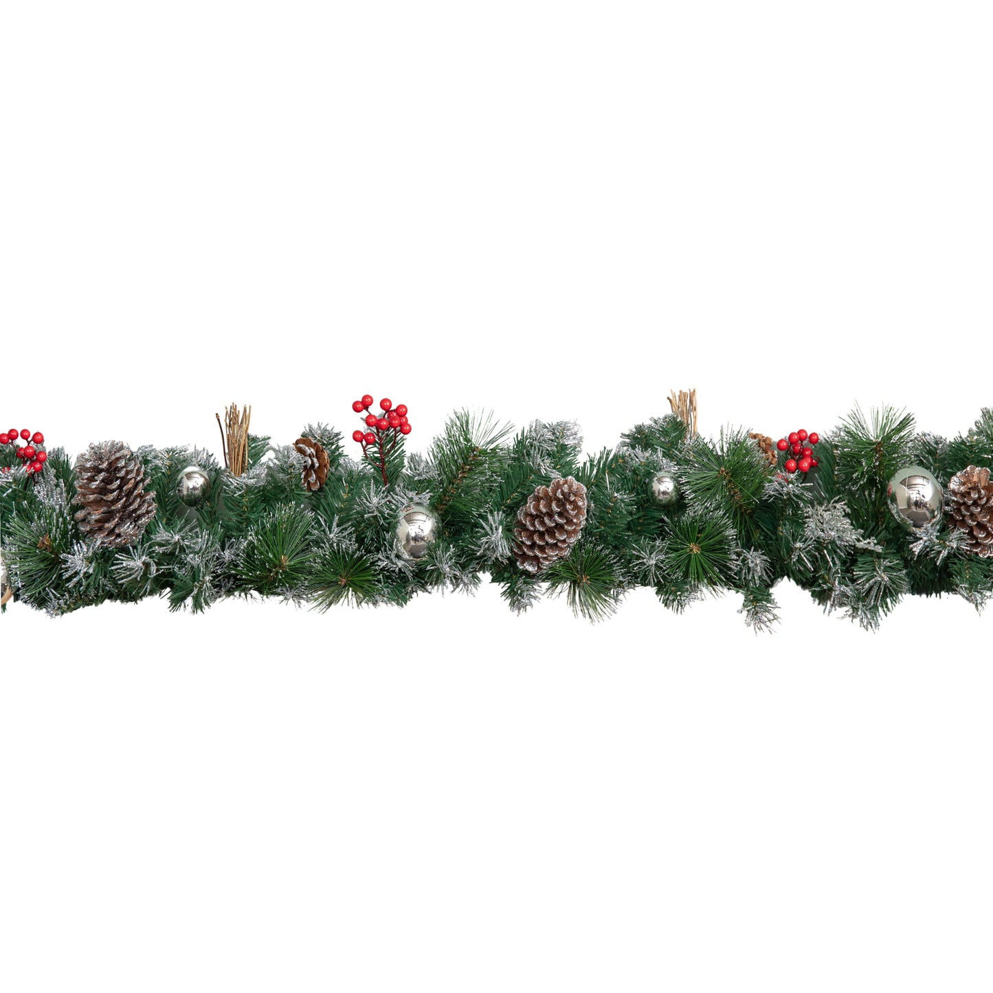 1.8m (6ft) Dressed Christmas Garland with Silver Baubles Pinecones & Berries