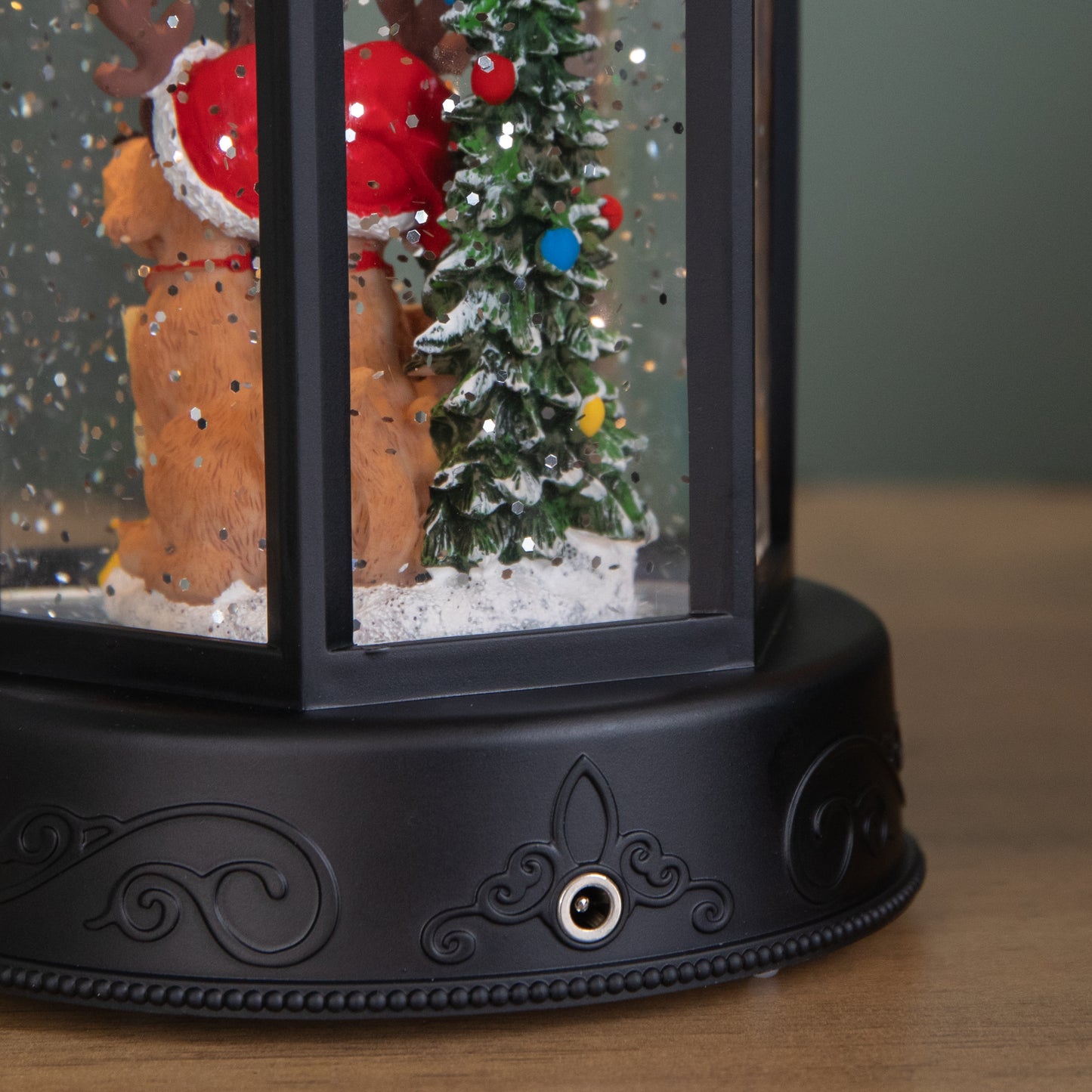 18cm Battery Operated LED Christmas Glitter Water Spinner Black Lantern Dog & Tree Scene