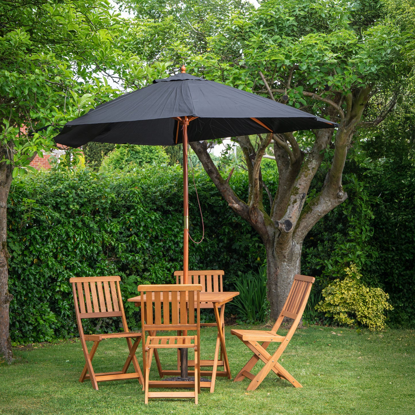 Outdoor 4 Person Folding Square Wooden Garden Dining Table Chairs Black Parasol and Base Set