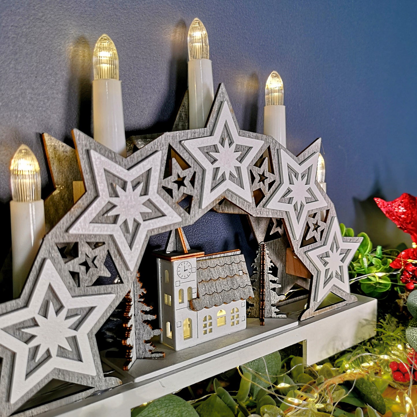 32cm Battery Operated Star and Village Candle Bridge Christmas Decoration