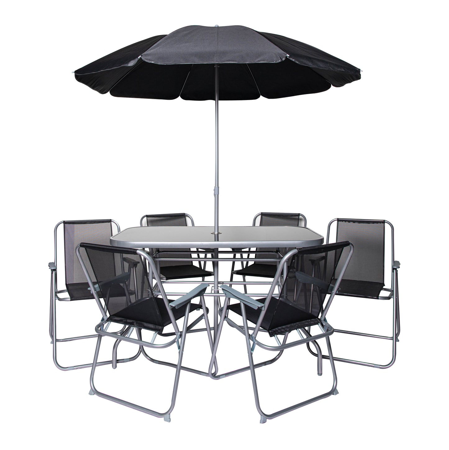6 Person Garden Furniture Patio Set Table, 6 Chairs & Parasol with Black Glass