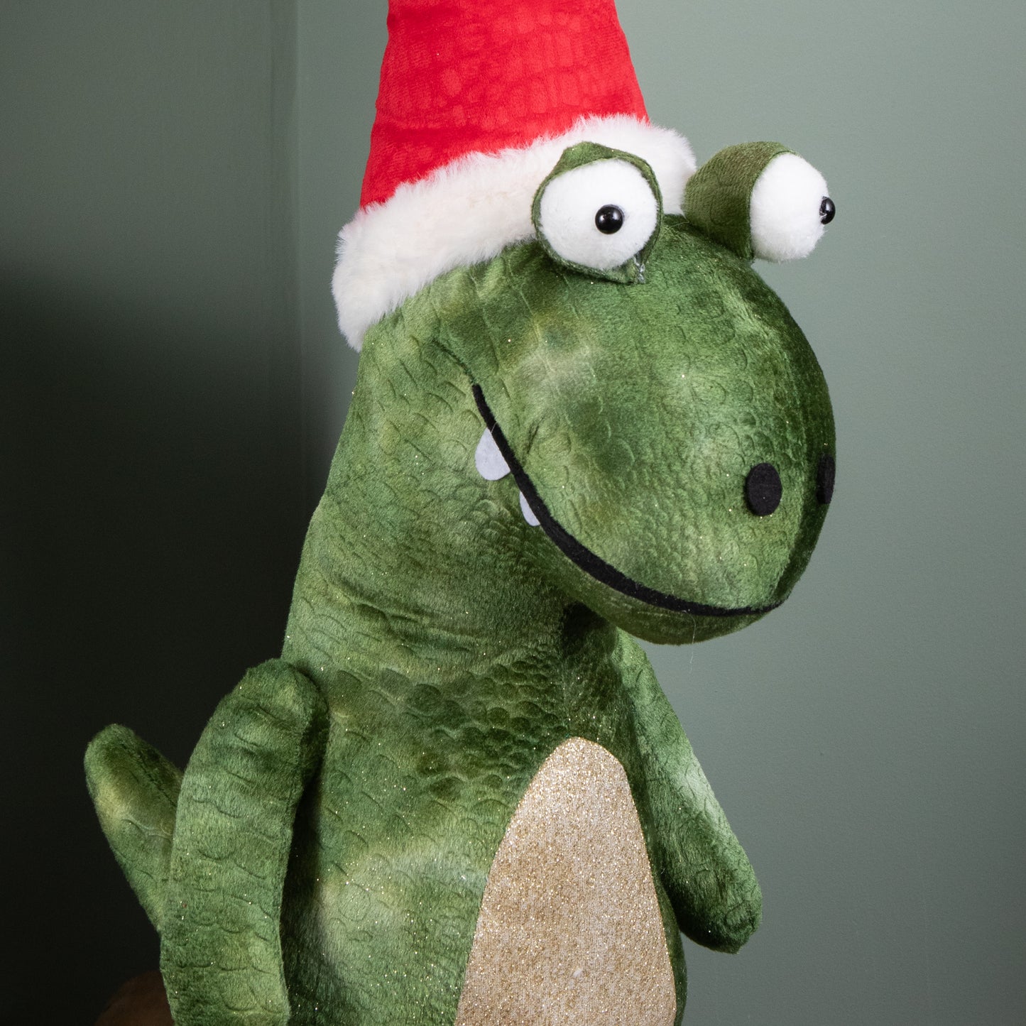 85cm Tall Green Plush Big Lizard Dino Standing Christmas Decoration with Santa Hat