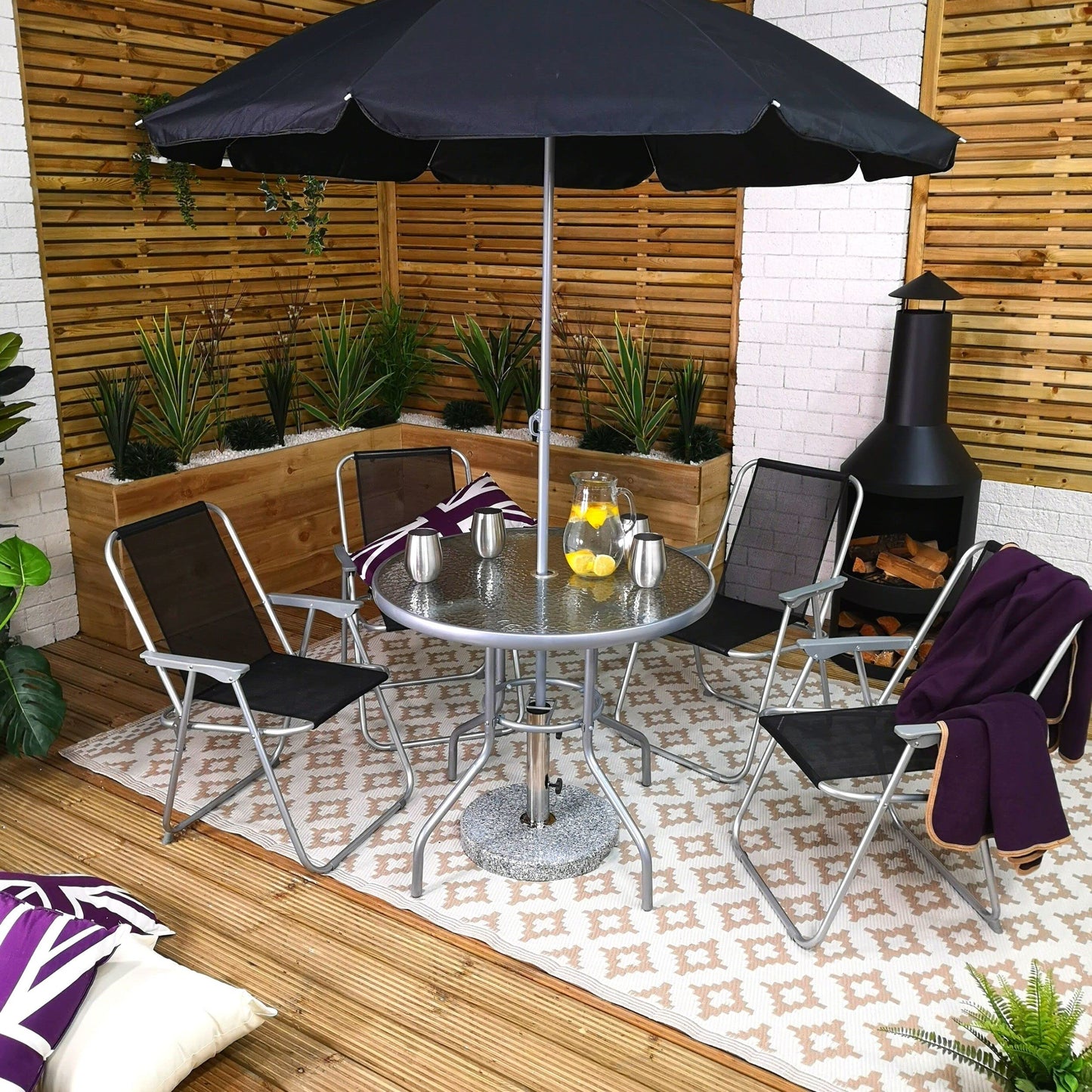 Factory Seconds: Samuel Alexander 4 Seater Garden Table And Chairs Set 4 Folding Chairs Outdoor Glass Table Garden Dining Set With Black Parasol Umbrella Patio Furniture Set