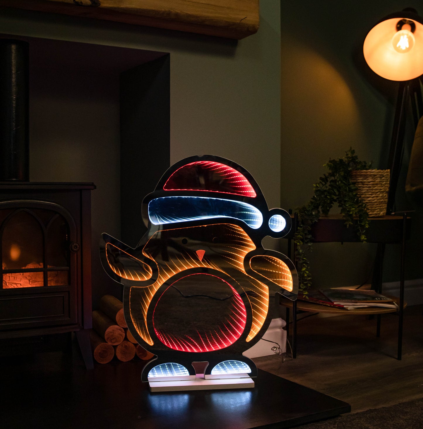 60cm Light up Robin in Santa Hat Christmas Infinity Decoration with LEDs